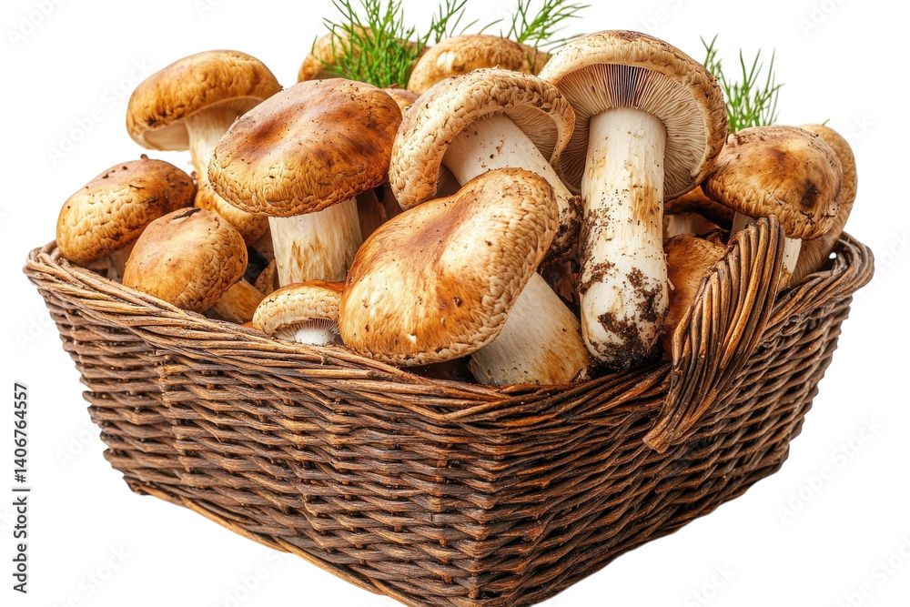 Freshly harvested mushrooms in a woven basket ready for cooking or sale Freshly harvested mushrooms in a woven basket ready for cooking or sale
