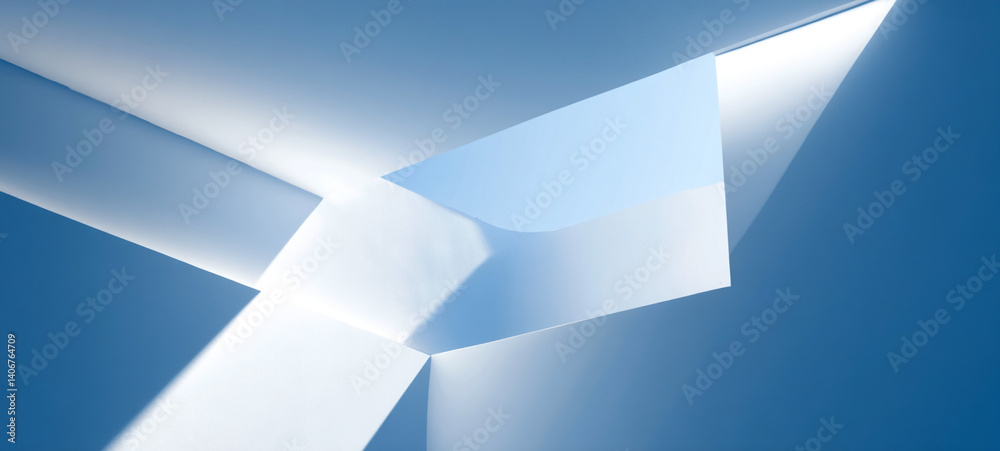 Geometric Blue and White Perspective Background, Light-filled modern hallway, architectural design,