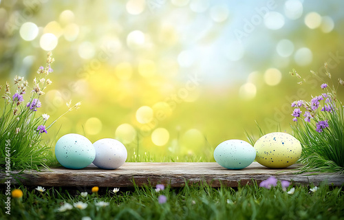 A wooden product display top with an Easter background of painted eggs and green grass and meadows.