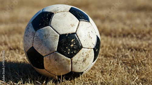 Classic Soccer Ball on Dry Grass Field with Dirt and Scratches in Warm Sunlight Outdoors