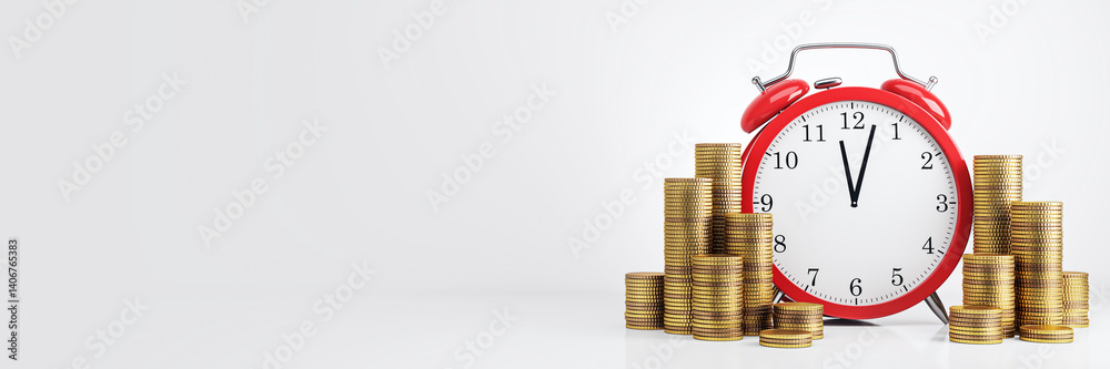 Red alarm clock with gold coin stacks on light background symbolizing time is money concept in business and financial planning strategy. 3D Rendering Red alarm clock with gold coin stacks on light background symbolizing time is money concept in business and financial planning strategy. 3D Rendering