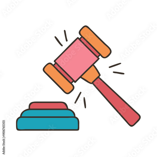 Auction gavel icon in motion with red and teal tones