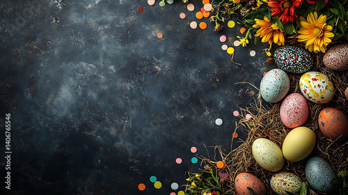 Decorative Painted Eggs Nestled with Flowers and Confetti on a Dark Textured Surface