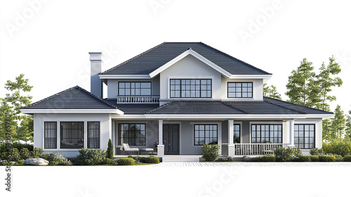 Elegant two story house with large windows and porch