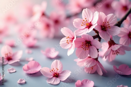 Delicate pink sakura blossoms, scattered petals, soft background, tree, bloom, subtle