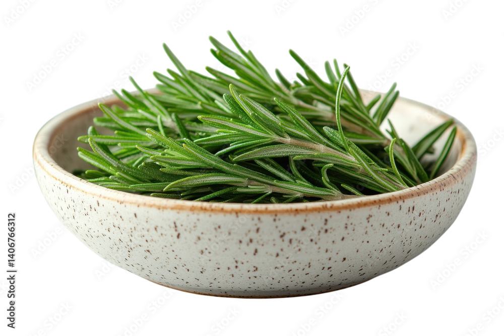 A collection of fresh rosemary sprigs rests in a rustic ceramic bowl A collection of fresh rosemary sprigs rests in a rustic ceramic bowl