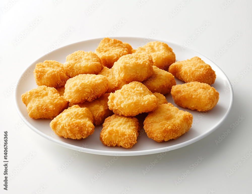 Forty Golden Deep-Fried Chicken Nuggets on White Plate – Classic Snack Presentation Forty Golden Deep-Fried Chicken Nuggets on White Plate – Classic Snack Presentation