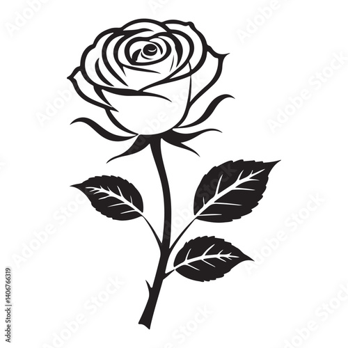 Black and white silhouette, single  rose with leaves vector illustration, and white background 