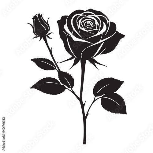 Black and white silhouette, single  rose with leaves vector illustration, and white background 