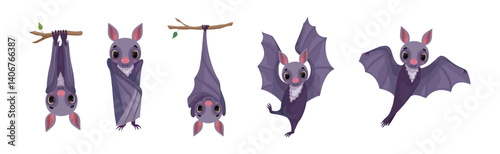 Funny Bat Flying Character with Fangs and Wing Vector Set