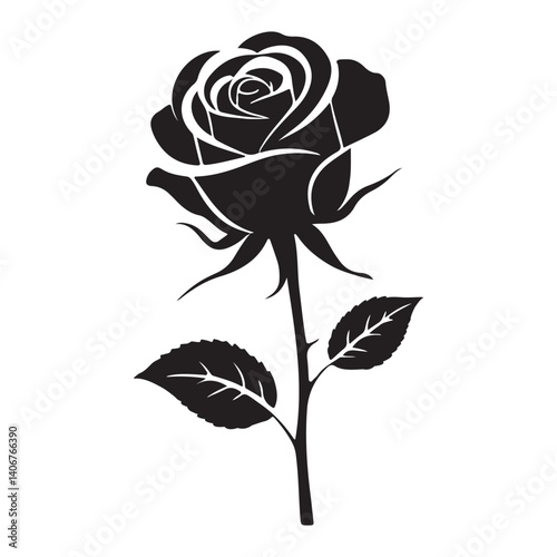 Black and white silhouette, single  rose with leaves vector illustration, and white background 