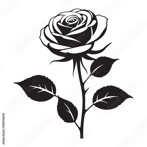 Black and white silhouette, single  rose with leaves vector illustration, and white background 