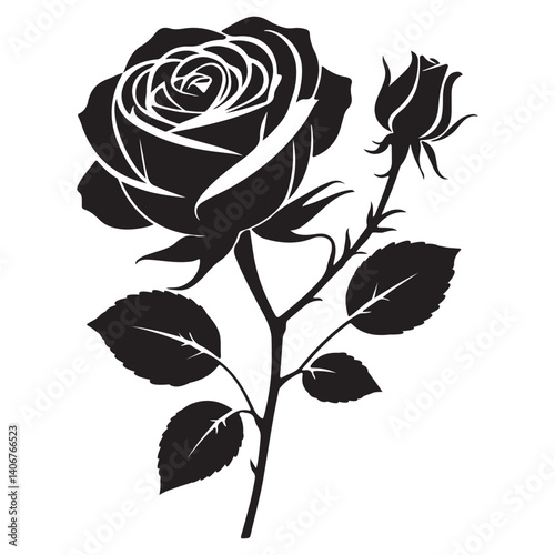 Black and white silhouette, single  rose with leaves vector illustration, and white background 