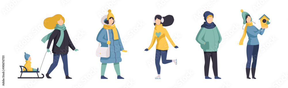 People Character in Winter Walking Outdoor Vector Set