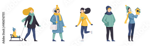 People Character in Winter Walking Outdoor Vector Set