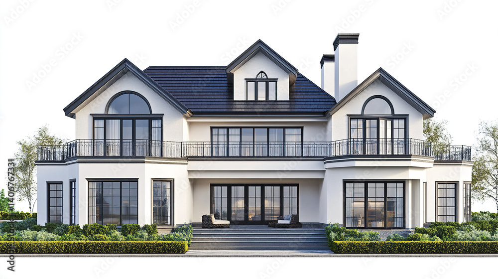Elegant two story house with large windows and lush greenery Elegant two story house with large windows and lush greenery