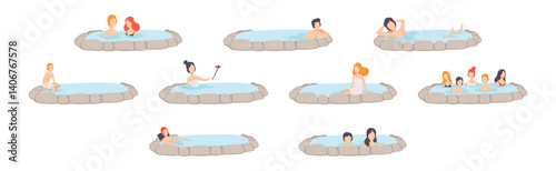 People Character Relaxing in Spring Thermal Pool or Bath Vector Set