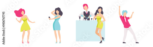 People Character Resting and Drinking Cocktails at Bar or Nightclub Vector Set
