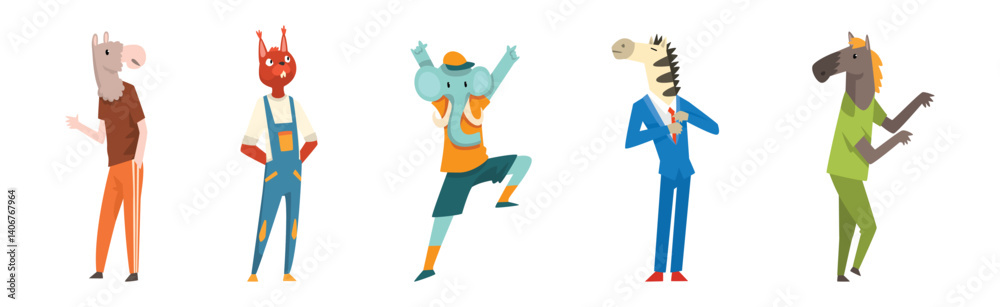Obraz premium Funny Animal Character Wearing Different Clothes Vector Set