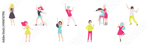 People Character Resting and Drinking Cocktails at Bar or Nightclub Vector Set