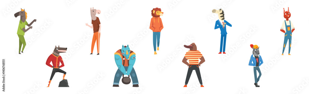 Obraz premium Funny Animal Character Wearing Different Clothes Vector Set