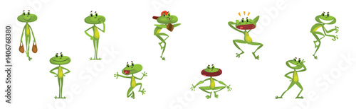 Cute Green Frog Croaking and Leaping Animal Vector Set