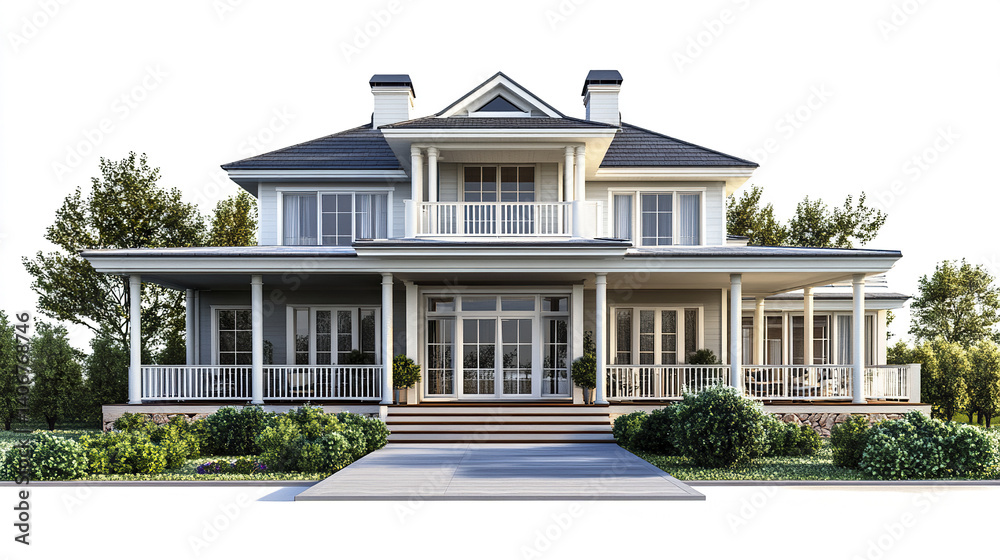 Fototapeta premium Elegant American house with wraparound porch and lush greenery