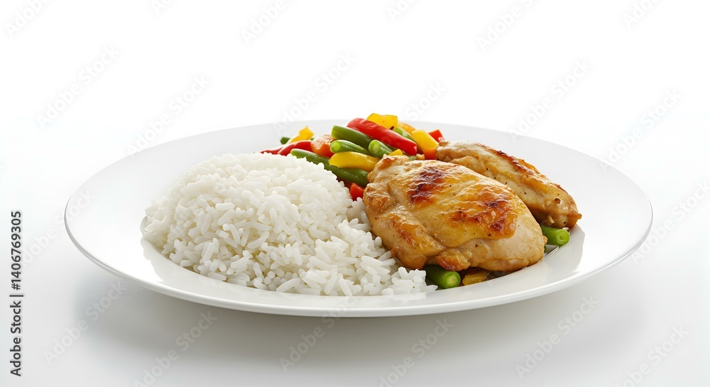 Rice chicken and vegetables on white background Rice chicken and vegetables on white background