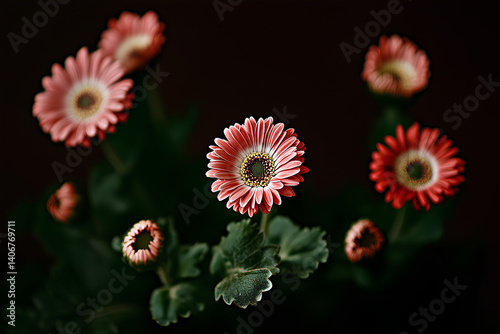 Bright gerbera flowers arranged against a dark background with space for text or design photo