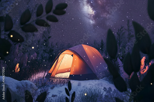 Nighttime forest camping scene with illuminated tent under starry sky creating peaceful and adventurous atmosphere photo