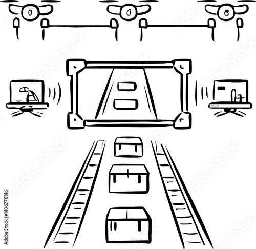 Conveyor belt with boxes and drones in logistics system