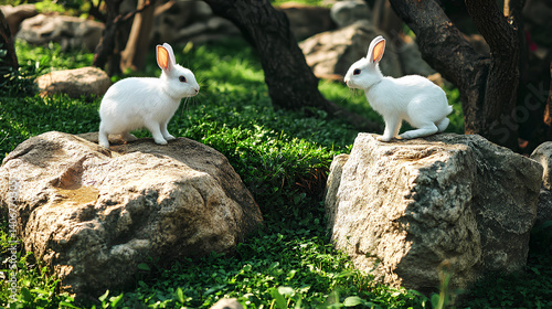 Adorable small white rabbits sitting on lush green grass in the garden under daylight in a peaceful natural setting photo