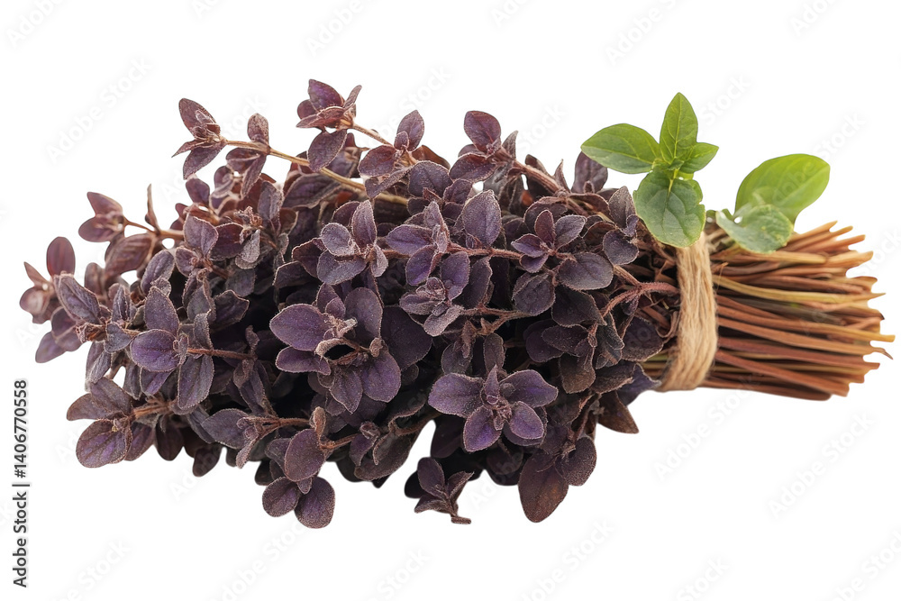 Obraz premium Freshly harvested purple basil and green mint bundle displayed on white background
