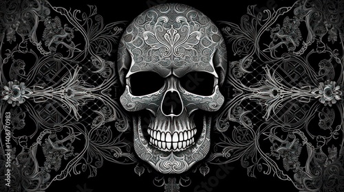 Ornate skull design with intricate floral patterns
