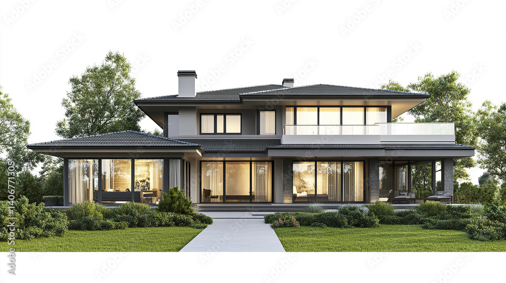 Fototapeta premium Modern two story house with large windows and lush greenery