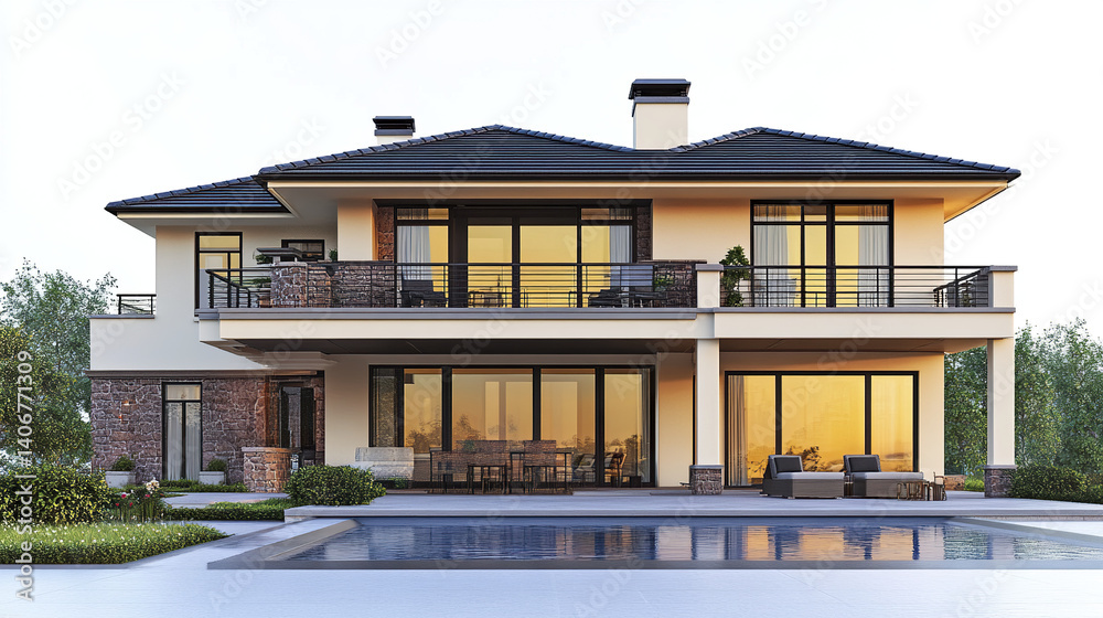 Fototapeta premium Modern two story house with large windows and pool, exuding luxury
