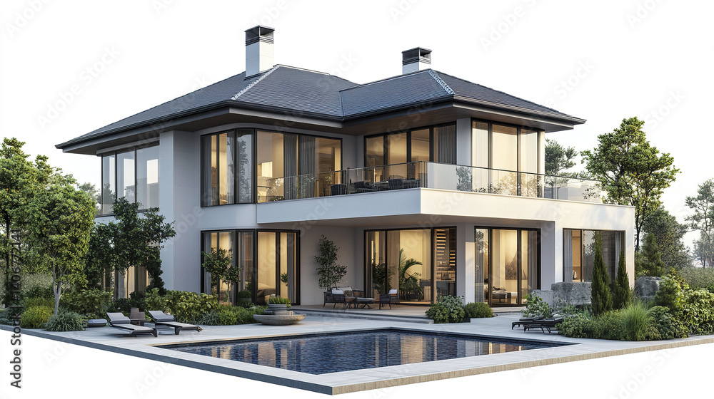 Fototapeta premium Modern two story house with pool and garden on white background