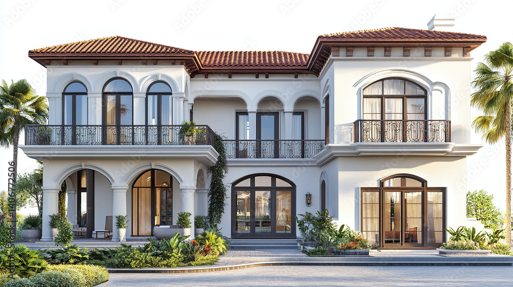 Fototapeta premium Elegant two story house with arched windows and lush greenery