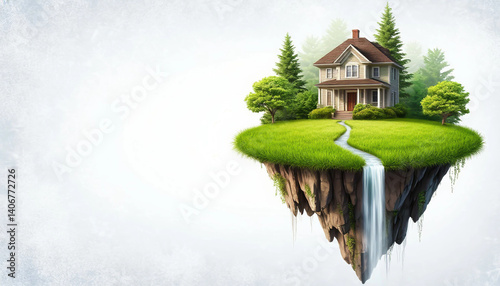 A quaint house sits atop a floating island with lush green grass, surrounded by trees and cascading waterfalls, evoking a serene and idyllic escape.