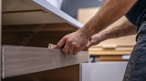 Carpenter assembling a custom cabinet in a living room. Featuring interior design craftsmanship