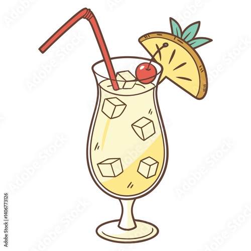 Pina Colada cocktail vector with leaves and slice of pineapple for cocktail bar or drink summer party. Pina alcohol cocktail with rum for beach bar and cafe menu.