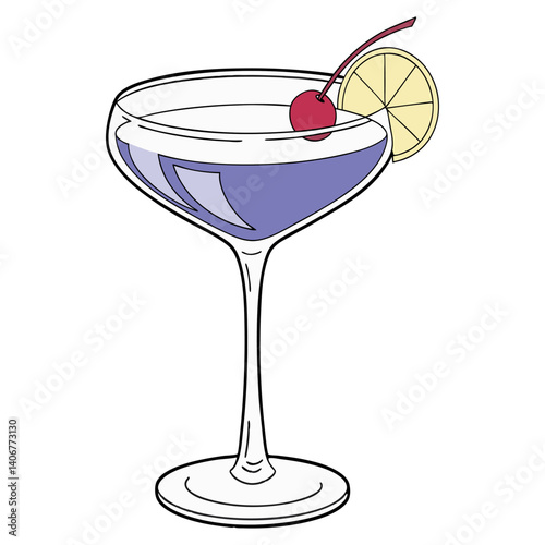 Aviation cocktail vector with cherry and lemon for cocktail bar or drink summer party. Purple cocktail with rum, tequila for beach bar and cafe menu.