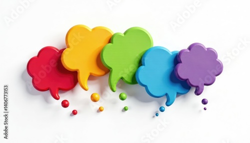 Floating colorful thought bubbles, pure white backdrop, communication, thought