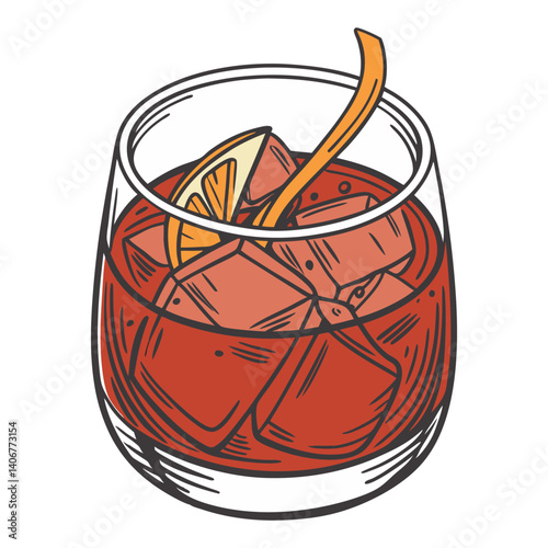Negroni cocktail vector or whiskey, cognac with ice and slice of orange for cocktail bar or drink summer party. Brandy or alcohol cocktail for beach bar and cafe menu. Old fashioned