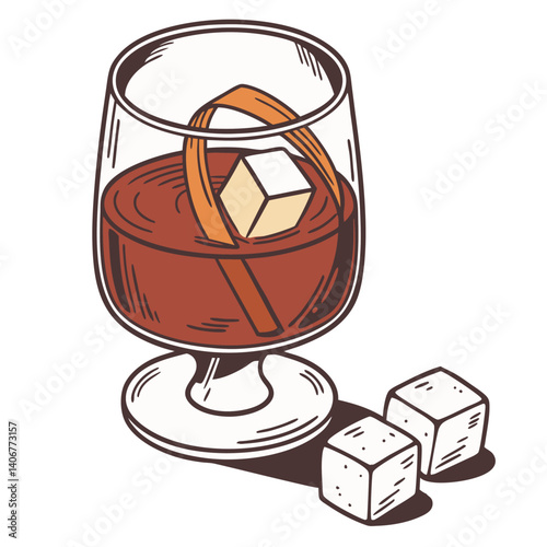 Negroni cocktail vector or whiskey, cognac with ice and slice of orange for cocktail bar or drink summer party. Brandy or alcohol cocktail for beach bar and cafe menu. Old fashioned