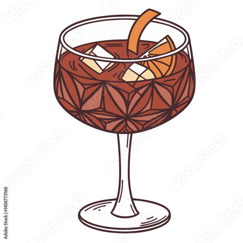 Negroni cocktail vector or whiskey, cognac with ice and slice of orange for cocktail bar or drink summer party. Brandy or alcohol cocktail for beach bar and cafe menu. Old fashioned