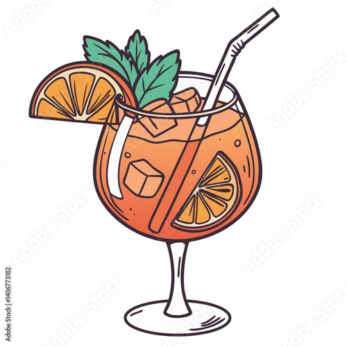 Aperol cocktail vector with ice and slice of orange for cocktail bar or drink summer party. Aperol spritz alcohol cocktail with gin for tee print of beach bar and cafe menu