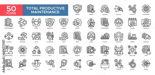 Total Productive Maintenance collection set. Total Productive Maintenance, Maintenance , Performance, Quality Management, Teamwork, Efficiency , Inspection, Report, icon. Simple flat vector illustrati