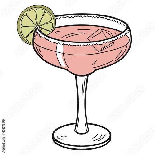 Cosmopolitan cocktail with lime and cherry for summer party. Ping alcochol cocktail for beash bar. Cosmo with vodka and cranbery for design of menu