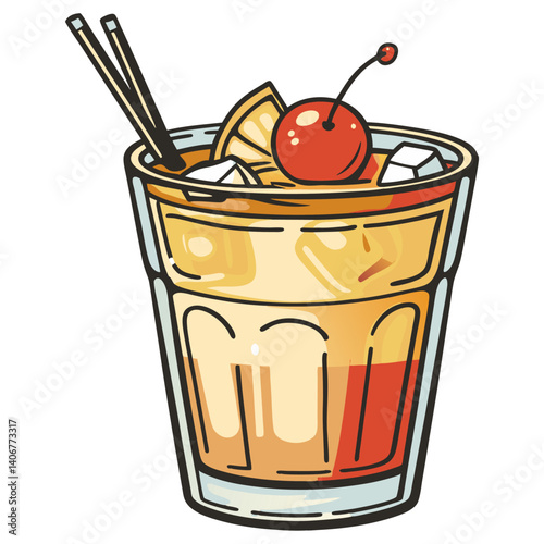 Mai Tai cocktail vector with slice of pineapple and cherry for cocktail bar or drink summer party. Exotic cocktail with tequila for beach bar and cafe menu